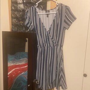 Gray and Blue Asymmetrical Wrap Sundress with Flutter Sleeves